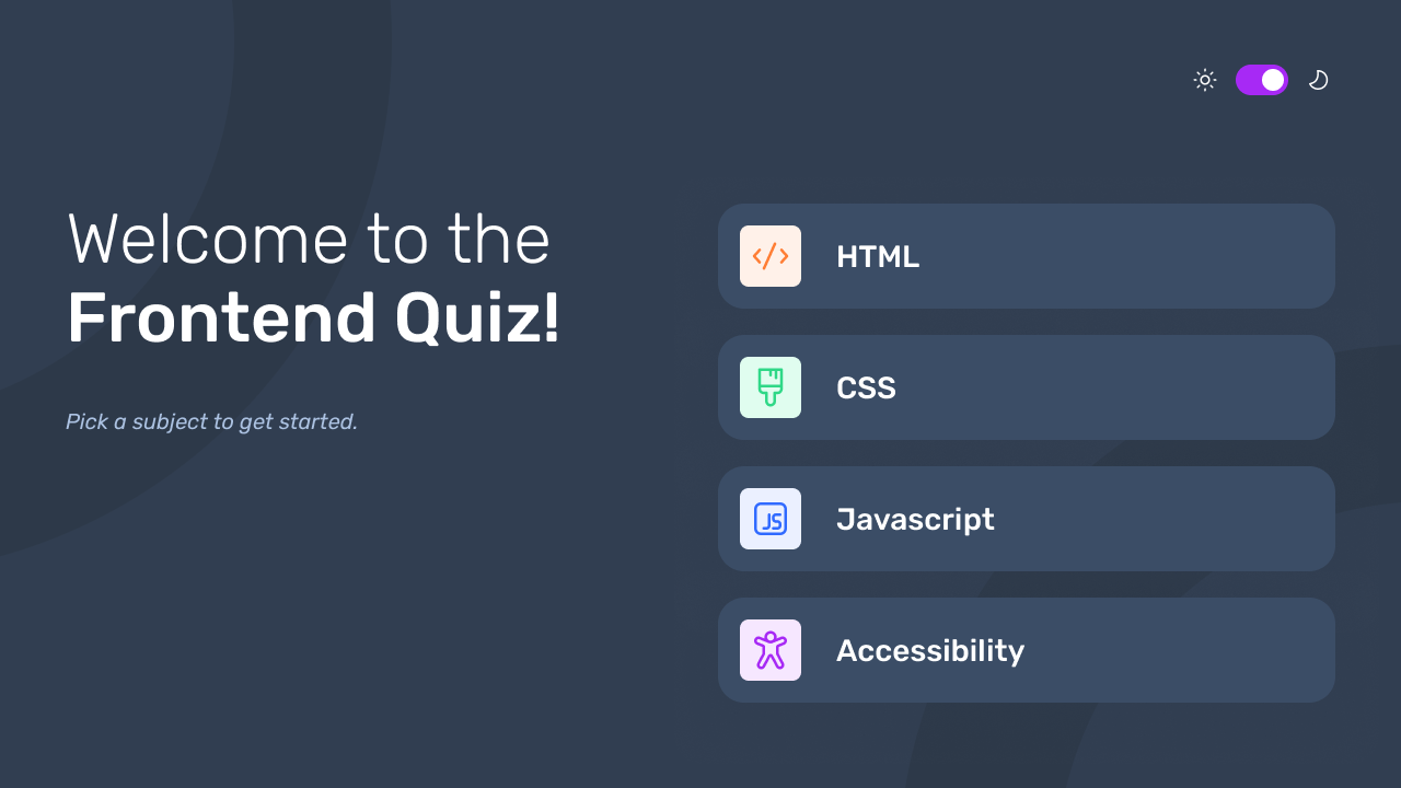 The start view of the Frontend Quiz, as seen on a desktop